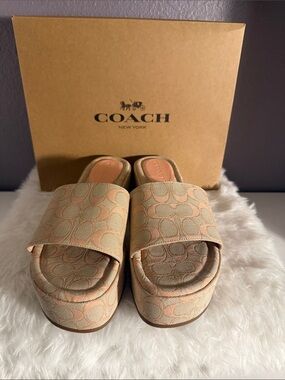 Coach Beige and Pink Monogram Platform Slides